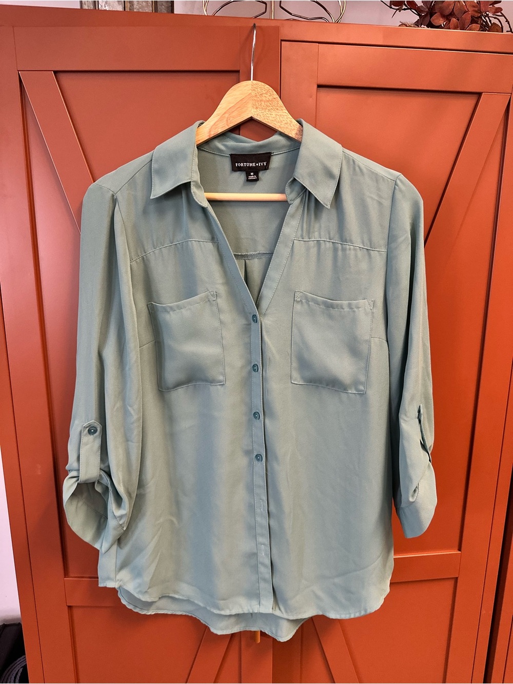 Fortune + Ivy Dusty Blue Teal Button-Front Women's Blouse with Pockets